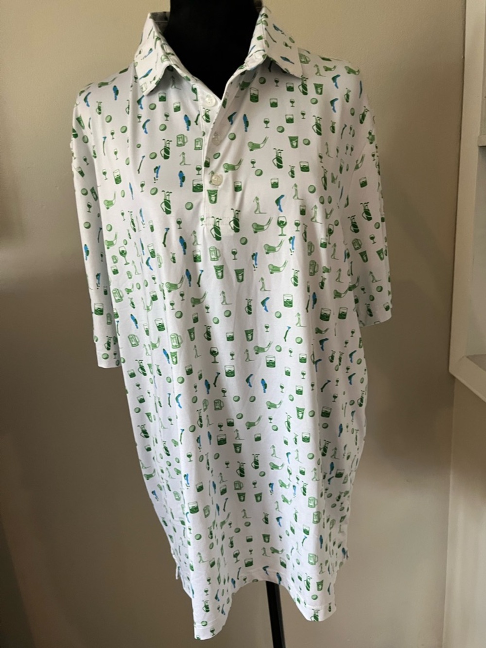 Cory Stevens Golf Print Polo Shirt White Green Blue Performance Stretch Size S
